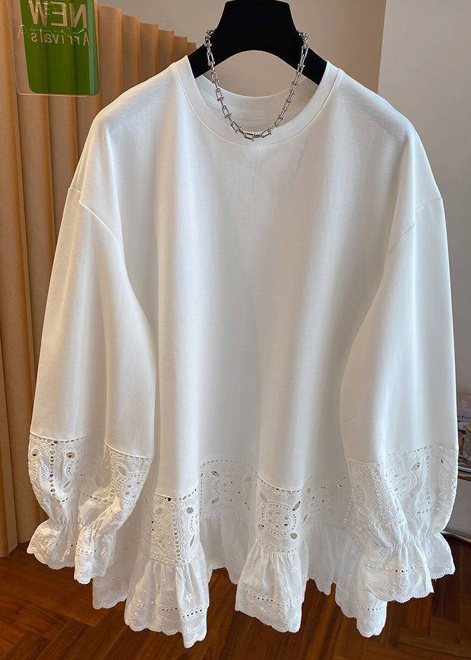 Einfaches weißes O-Ausschnitt-Aushöhlen-Spitzen-Patchwork-Baumwolltop Frühling YF003