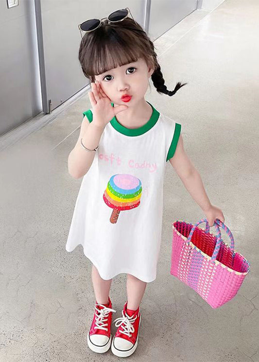 Simple White O Neck Print Cotton Girls T Shirt Dress Sleeveless TT017