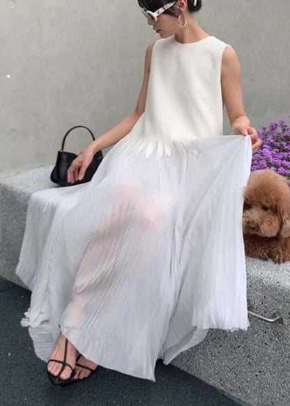 Simple White O Neck Wrinkled Silk Long Dress Sleeveless ZL064