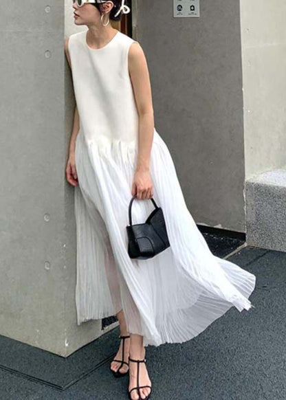 Simple White O Neck Wrinkled Silk Long Dress Sleeveless ZL064