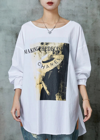 Simple White Oversized Print Cotton Blouses Spring Ada Fashion