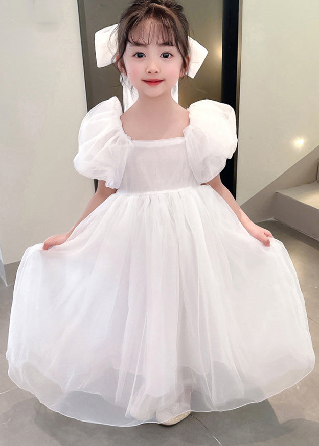 Robe longue de vacances en tulle à col carré blanc simple pour filles, été XZ043