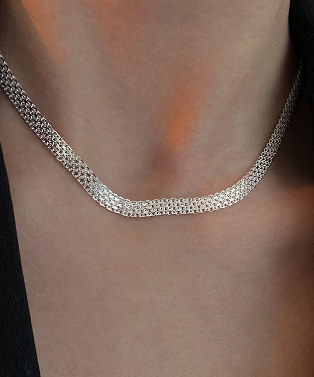 Simple White Sterling Silver Hand Woven Collar Necklace PO004