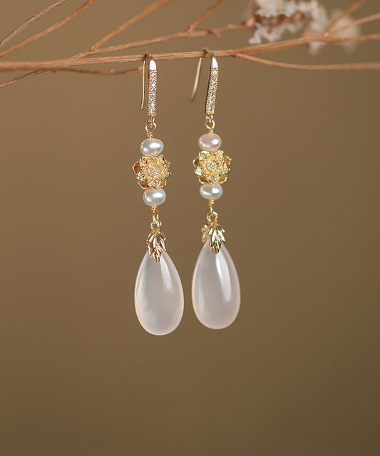 Boucles d'oreilles pendantes simples en argent sterling avec perles blanches surdorées QU039