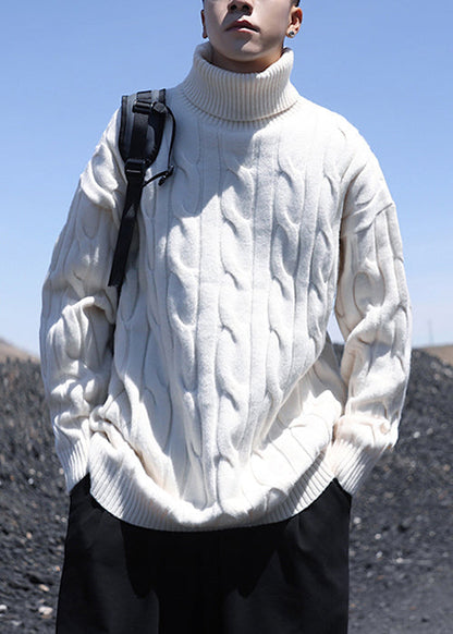 Simple White Turtleneck Solid Knit Sweater Men Winter RJ047