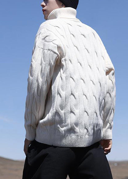 Simple White Turtleneck Solid Knit Sweater Men Winter RJ047