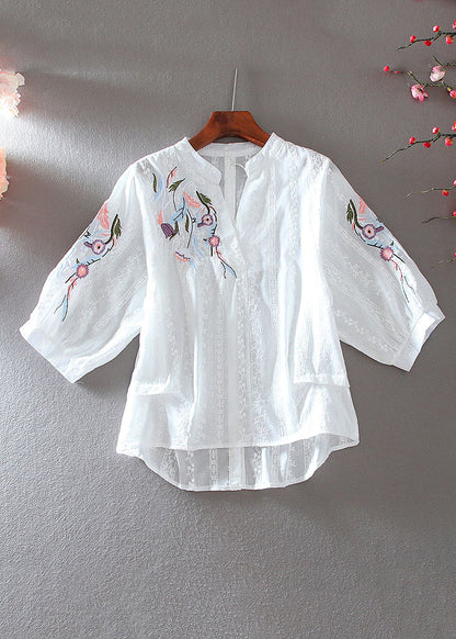 Simple White V Neck Embroidered Low High Design Shirt Bracelet Sleeve VV066