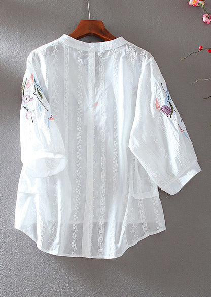 Simple White V Neck Embroidered Low High Design Shirt Bracelet Sleeve VV066