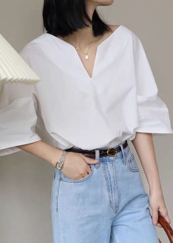 Cotton Solid Half Sleeve V Simple Shirt White Neck