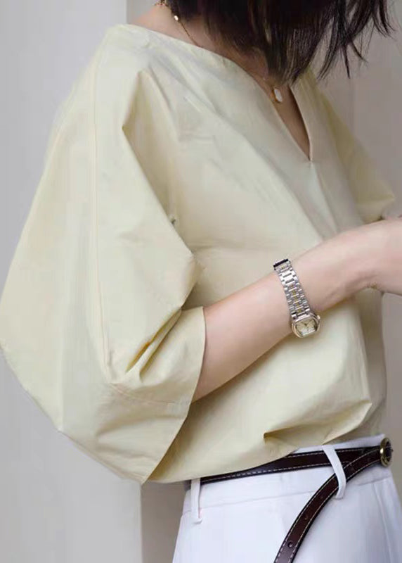 Cotton Solid Half Sleeve V Simple Shirt White Neck