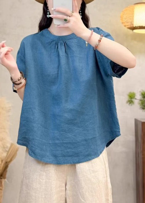 O Summer Solid Neck Cotton Yellow Simple Shirt