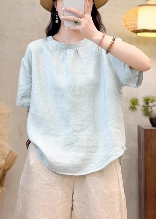 O Summer Solid Neck Cotton Yellow Simple Shirt