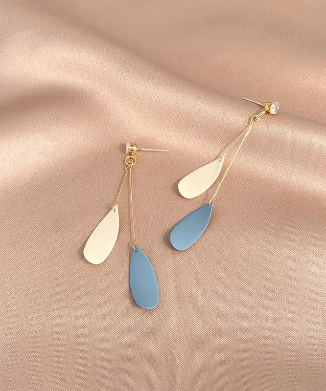 Skinny Blue Sterling Silver Alloy Feather Tassel Drop Earrings QQ016