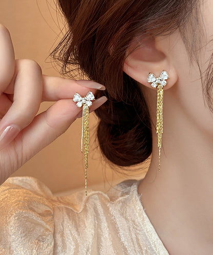 Skinny Gold Alloy Zircon Bow Tassel Drop Earrings WH041