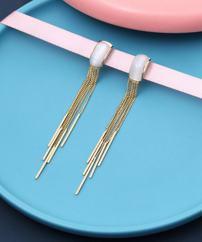 Skinny Gold Sterling Silver Alloy Cymophane Tassel Drop Earrings QQ050