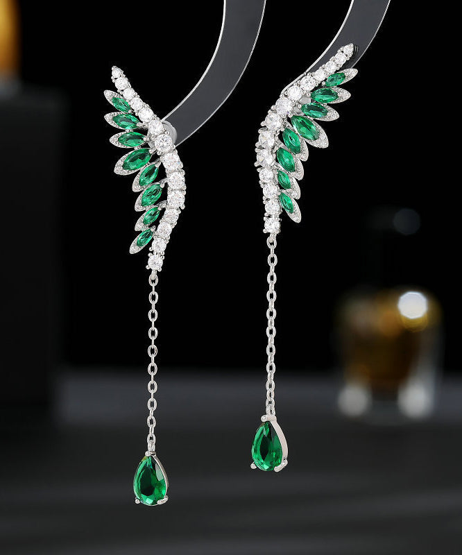 Skinny Green Copper Inlaid Zircon Crystal Wing Tassel Drop Earrings PO052