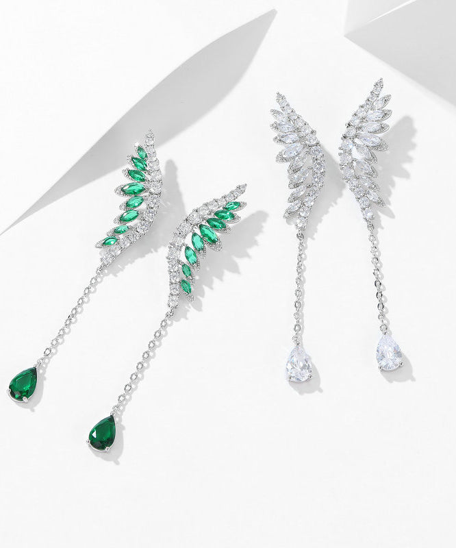 Skinny Green Copper Inlaid Zircon Crystal Wing Tassel Drop Earrings PO052