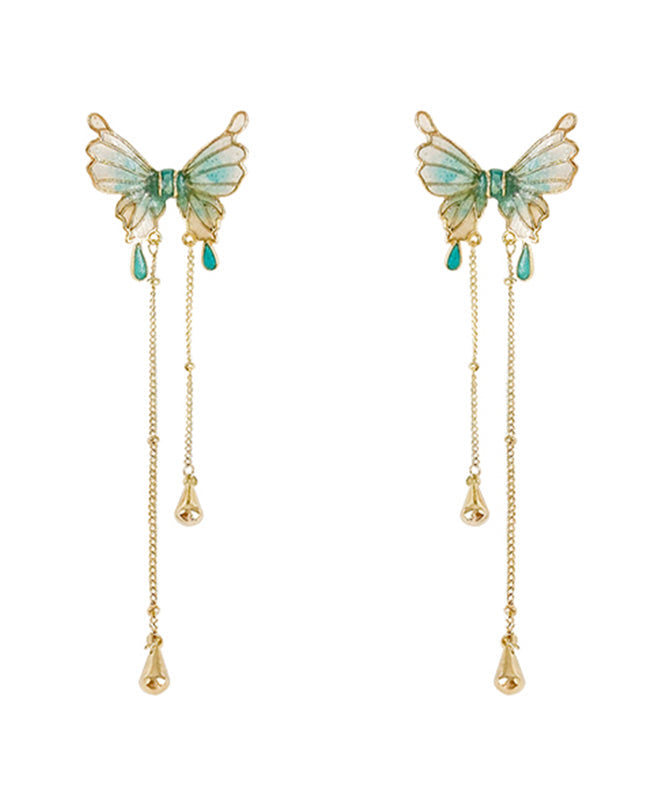 Boucles d'oreilles pendantes en alliage d'argent sterling vert avec perles papillon et pompon AC1072