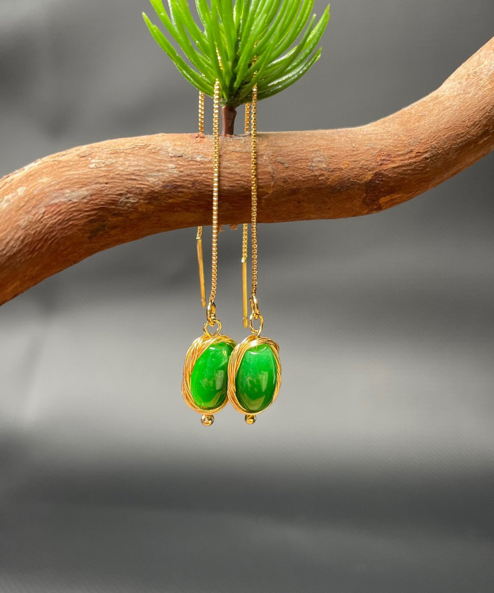 Boucles d'oreilles pendantes en argent sterling vert avec pampilles en jade surdoré GH1085