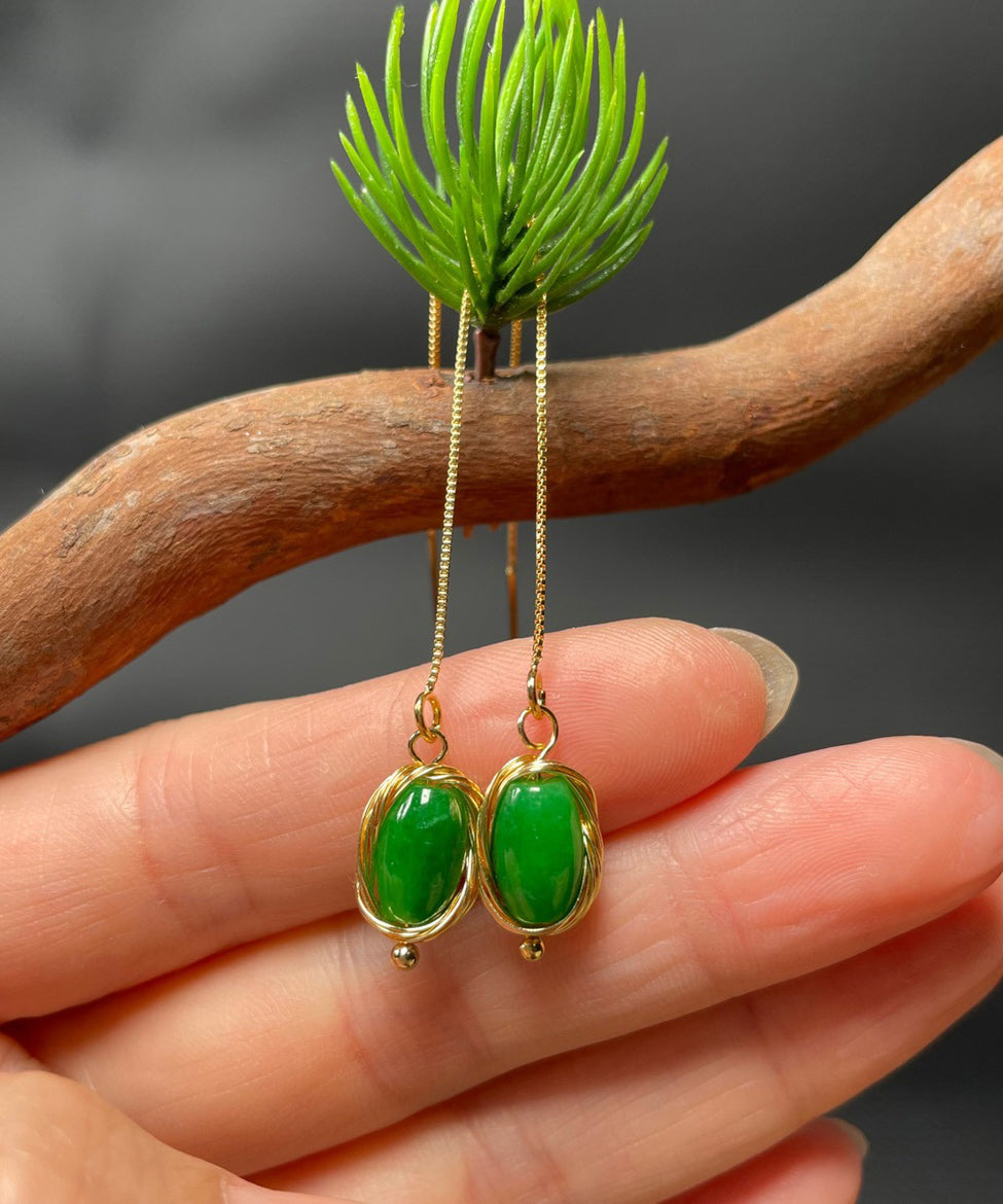 Boucles d'oreilles pendantes en argent sterling vert avec pampilles en jade surdoré GH1085