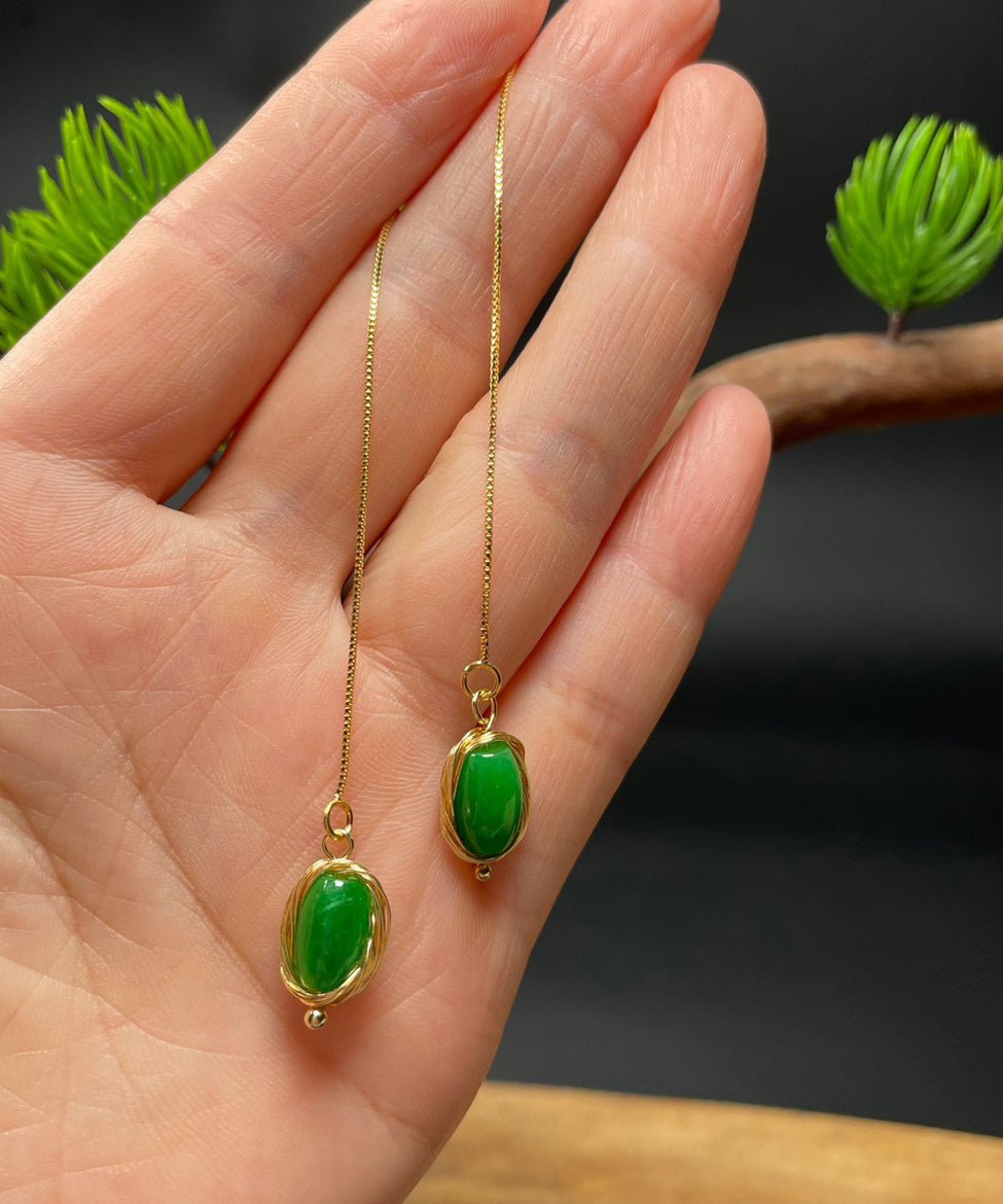 Skinny Green Sterling Silver Overgild Jade Tassel Drop Earrings GH1085