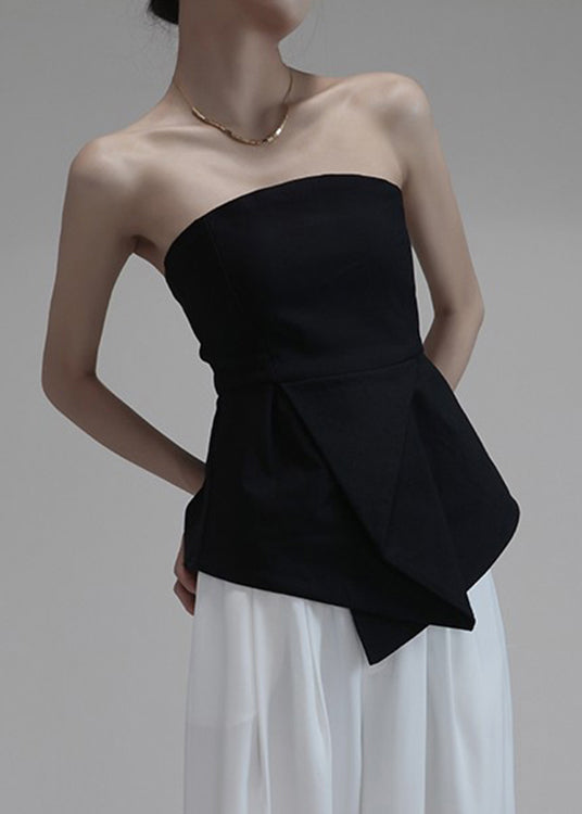 Slim Fit Black Asymmetrical Cold Shoulder Cotton Chest Wrapping Top Sleeveless Ada Fashion