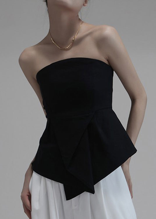 Slim Fit Black Asymmetrical Cold Shoulder Cotton Chest Wrapping Top Sleeveless Ada Fashion