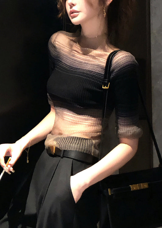 Knit Slim Color Fit Half Turtleneck T Shirt Tulle Black Gradient