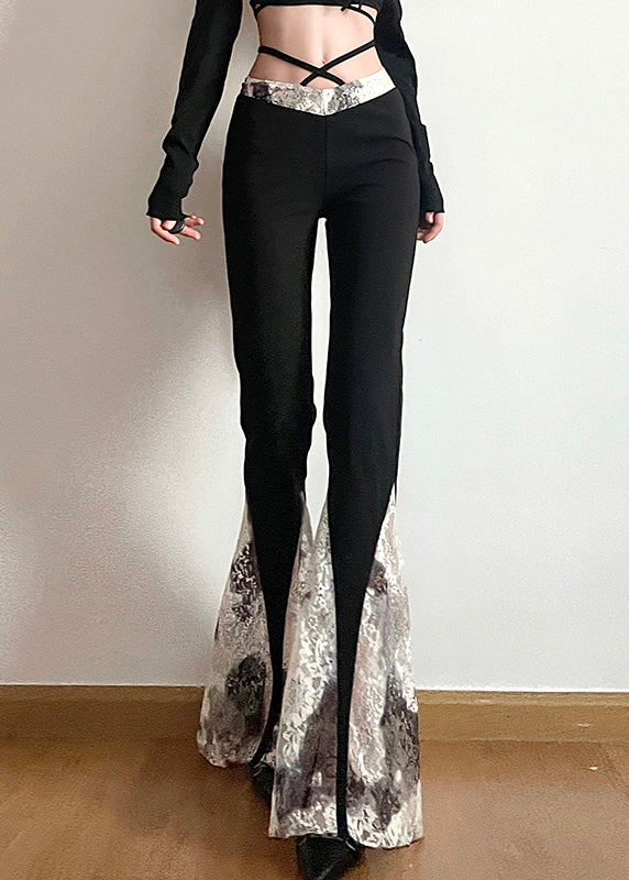 Bas évasé en patchwork de dentelle taille haute noir slim fit automne PP028