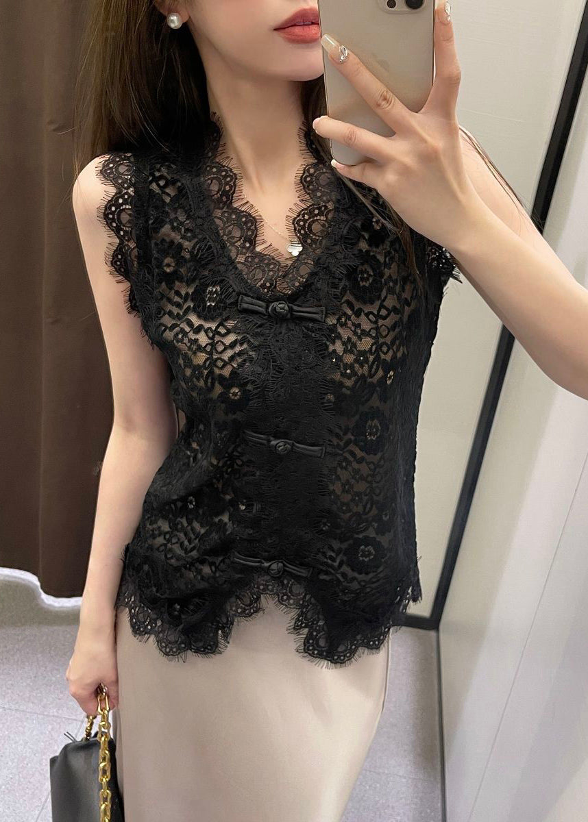 Slim Fit Black Hollow Out Lace Vest Sleeveless VB1068