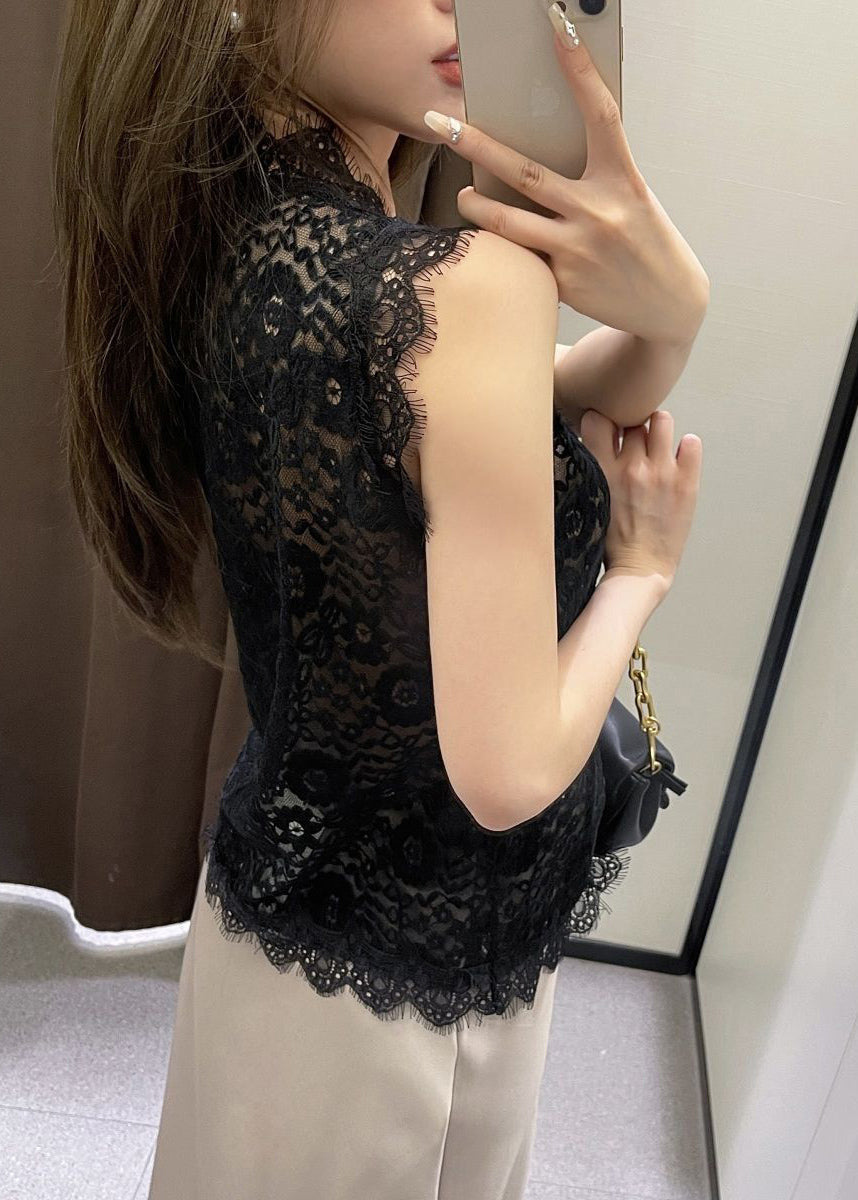 Slim Fit Black Hollow Out Lace Vest Sleeveless VB1068