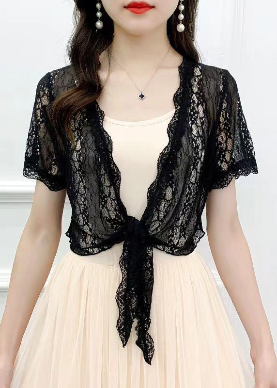 Slim Fit Black Lace Up Hollow Out Lace Cardigans Summer Ada Fashion