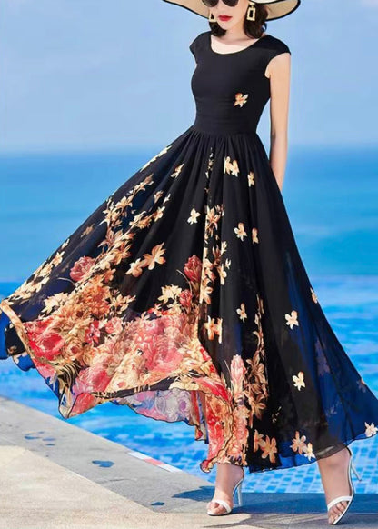 Slim Fit Black O-Neck Print Chiffon Long Dresses Summer Ada Fashion