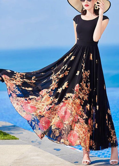 Slim Fit Black O-Neck Print Chiffon Long Dresses Summer Ada Fashion