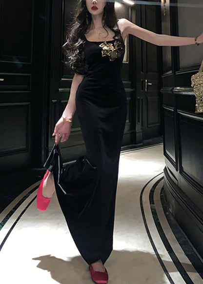 Slim Fit Black Side Open Silk Velvet Spaghetti Strap Dress Sleeveless ZL054