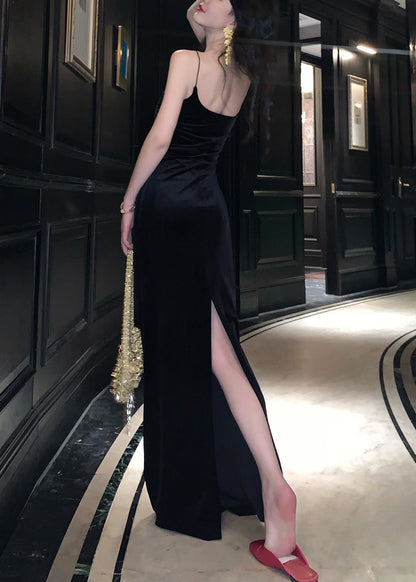 Slim Fit Black Side Open Silk Velvet Spaghetti Strap Dress Sleeveless ZL054