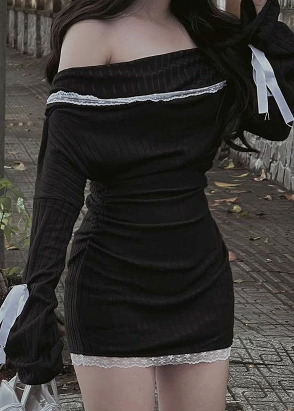 Robe noire slim fit en coton tricoté avec nœud et dentelle, col bateau, printemps YT016