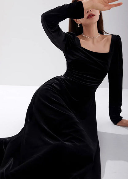 Slim Fit Black Square Collar High Waist Velour Dress Fall AM1015