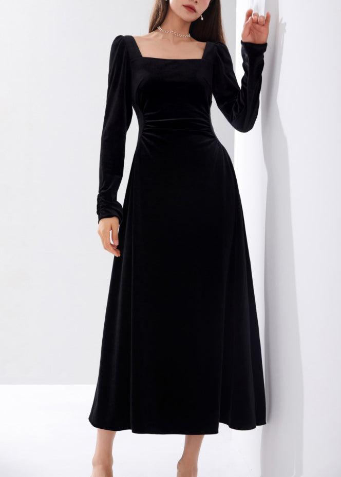 Robe en velours taille haute à col carré noir Slim Fit Automne AM1015