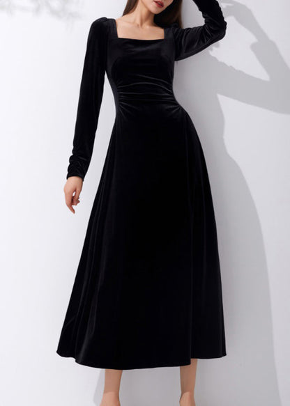 Slim Fit Black Square Collar High Waist Velour Dress Fall AM1015