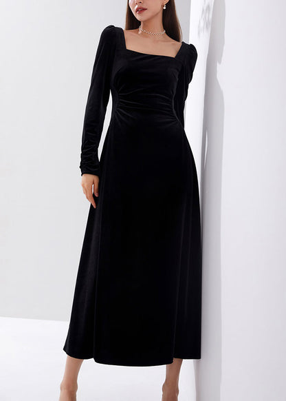 Slim Fit Black Square Collar High Waist Velour Dress Fall AM1015