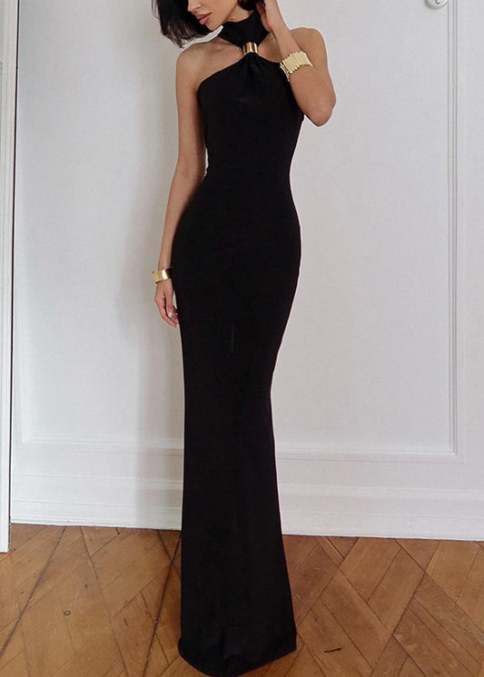 Open Cotton Sleeveless Black Slim Side Long Fit Dress Turtleneck
