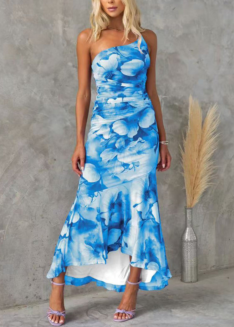 Robe en coton coupe slim bleue sans manches imprimé asymétrique longue