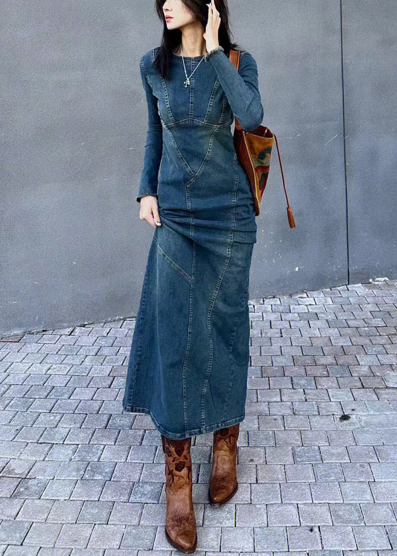 Original Back Slim Side Open Blue Dresses Design Long Fit Denim