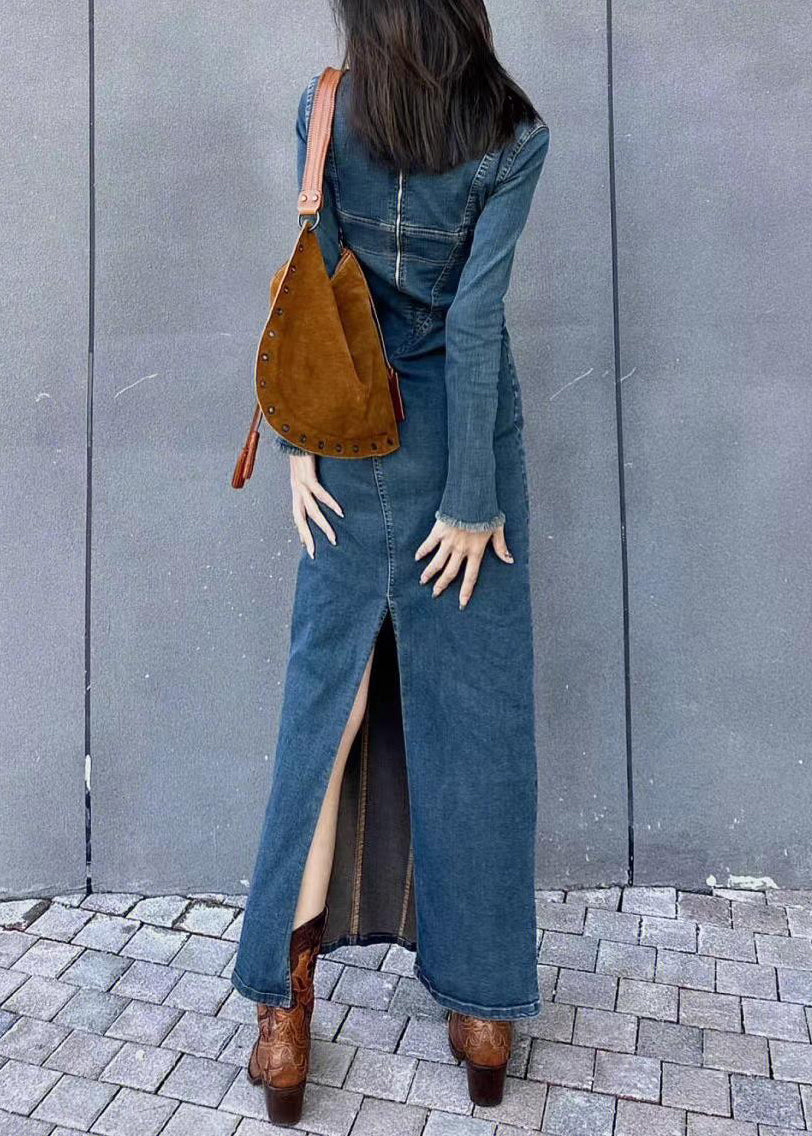 Original Back Slim Side Open Blue Dresses Design Long Fit Denim