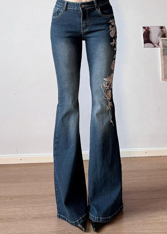 Hohe Denim Bestickte Blaue Hose Taille Ausgestelltes Slim Fit Sommer