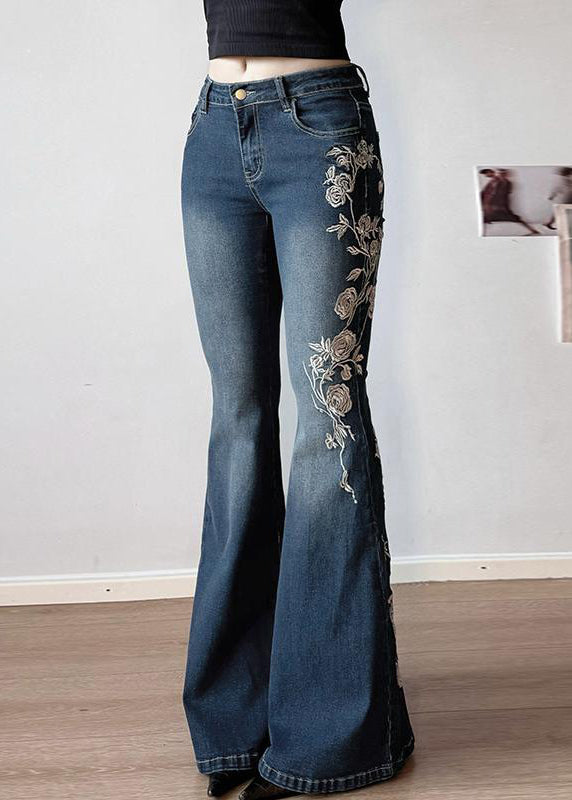 Hohe Denim Bestickte Blaue Hose Taille Ausgestelltes Slim Fit Sommer
