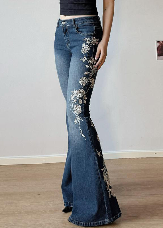 Hohe Denim Bestickte Blaue Hose Taille Ausgestelltes Slim Fit Sommer