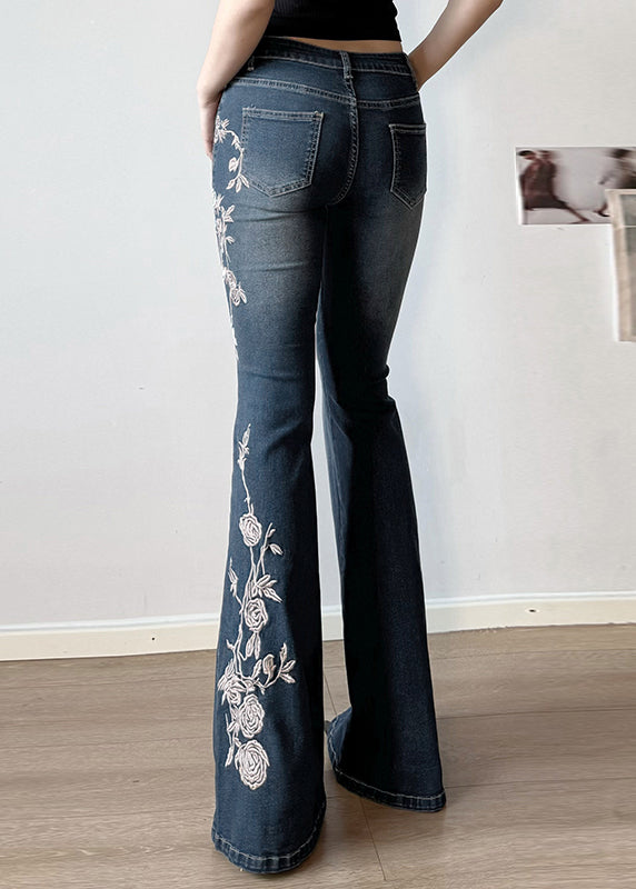 Hohe Denim Bestickte Blaue Hose Taille Ausgestelltes Slim Fit Sommer