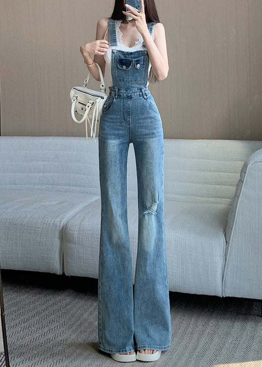 Sleeveless Hole Jumpsuit Fit Denim High Waist Slim Blue